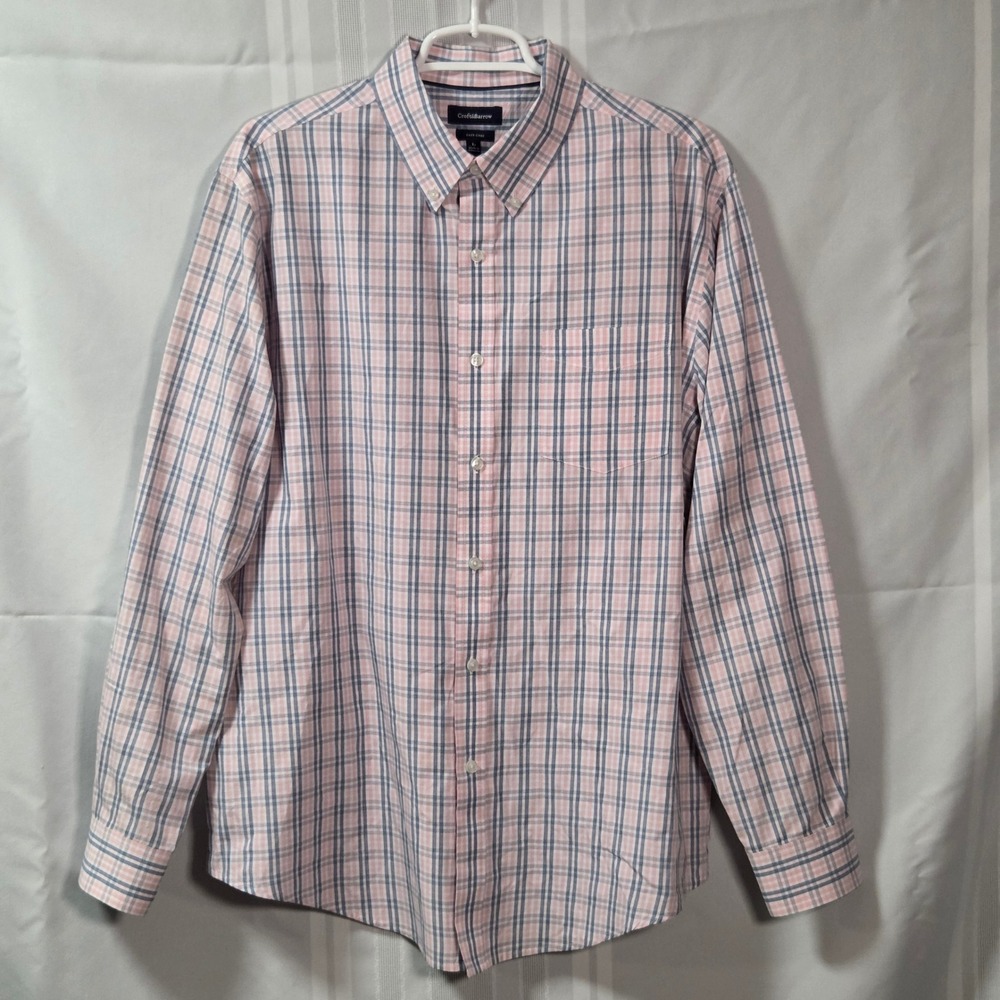 Croft & Barrow Button Down Mens Large Pink Blue Easy Care Slim Fit Plaid Shirt